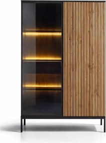 Witryna Shark 104x166 cm LED push to open MDF szkło hartowane stal kaszmir, czarny/dąb wotan