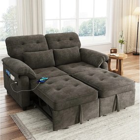 Sofa 2-osobowa 3 w 1, rozkładana, 142 x 90 x 86,5 cm, z regulowanym oparciem + port USB + 2 poduszki, tkanina szenilowa, kolor szary