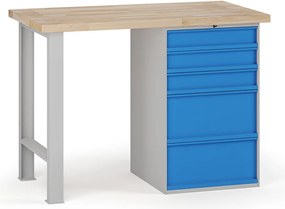 Stół warsztatowy G7, blat bukowy, 1200 x 685 x 840 mm, 1x kontener, 5x szuflada, niebieski