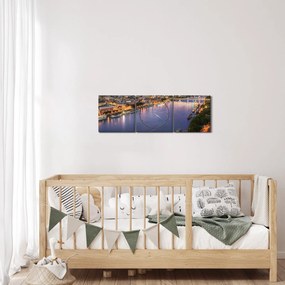 Obraz nocnego miasta Bratysławy z rzeką (z zegarem) (90x30 cm)