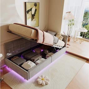 Łóżko 90x200 cm z zagłówkiem LED i schowkiem, ładowaniem przez USB i Type-C, oświetleniem RGB z pilotem – wzór z szarego aksamitu