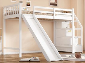 Łóżko piętrowe 90 x 200 cm z 3 szufladami i prowadnicą - drewno sosnowe + płyta MDF - stelaż listwowy - białe