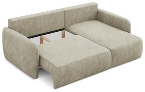 Beżowy narożnik rozkładany z tkaniny szenilowej ze schowkiem (prawostronny/z szezlongiem) Lilo – Makamii
