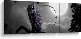 Obraz - Nocna sowa, fioletowa sowa (z zegarem) (90x30 cm)