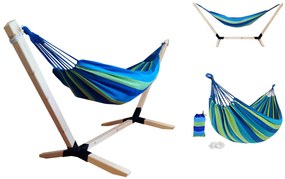 Hamak z drewnianym stelażem ogrodowy dwuosobowy niebieski stelaż do hamaka POLSKI + GRATIS