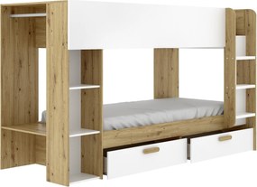 [NEW VERSION]Łóżko piętrowe 2 x 90 x 200 cm ze schowkami i drążkiem - Biały i naturalny - OZANA