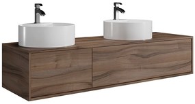 Wisząca szafka z podwójną umywalką do łazienki, w kolorze ciemny naturalny  - L150 cm - ISAURE II