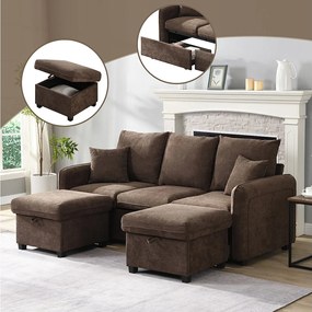 Sofa narożna tapicerowana - 188 x 82 x 86 cm - 3-osobowa - 2 podnóżki ze schowkiem + 2 szuflady - aksamit - brąz