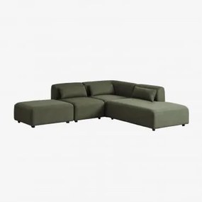 Sofa Modułowy Narożny 3-częściowy Z Prawym Szezlongiem I Pufem Fogler Tkanina Baranek Boucle Szałwiowa Zieleń - Sklum