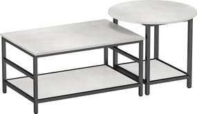 HOMCOM Zestaw Stolików Kawowych, 2 Pomocnicze Stoliki, Wygląd Marmuru, Regulowane Nóżki, Stal, Czarny/Biały