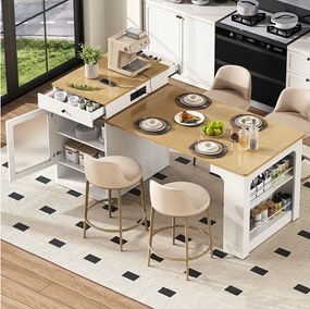 Rozkładany biały stół jadalny – stół z 1 drzwiami i 2 szufladami – z gniazdkiem elektrycznym i kółkami