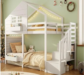 Łóżko na antresoli dziecięce 90x200cm - z drabiną z pojemnikami - z oknem - Drewno lite + MDF - Biały (bez materaca)
