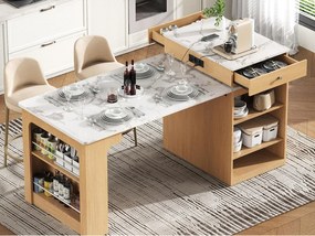 Centralna wyspa kuchenna - z gniazdkiem elektrycznym - ze zdejmowanym i rozsuwanym stołem jadalnianym - rysunek drewna i faktura marmuru - naturalny + biały