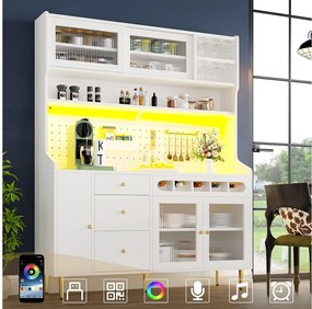 Wysoka komoda kuchenna - 145 x 39 x 171 cm - z diodami LED + stojak na wino + drzwi szklane + 3 szuflady - szkło + płyta MDF - biała