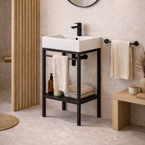 Zestaw umywalka z konglomeratu NAVI 70 x 45 cm + stojąca konsola NAVI Step | Różne kolory | Różne rozmiary : Kolor - Czarny, Otwory na baterię - Bez otworów, Rozmiar - 100 x 45 cm