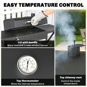 Outsunny Grill węglowy z pokrywą, BBQ Smoker z 2 bocznymi stolikami, dużą powierzchnią grillową, rusztem, termometrem i kółkami | Aosom PL