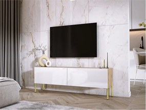Szafka RTV: Dąb Wotan / Biały Połysk, nogi złote, 140 x 52 x 32 cm