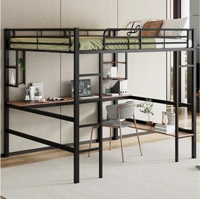 Łóżko piętrowe 140 x 200 cm z biurkiem i półką do przechowywania - metal i drewno MDF - czarne