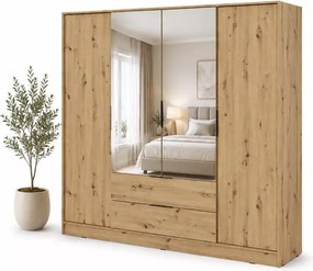 Szafa z lustrem Tetrix 206 cm uchylna nowoczesna 4 drzwi 2 szuflady pojemna do sypialni przedpokoju