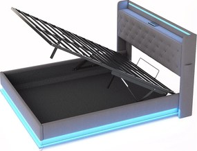 Łóżko ze schowkiem i zagłówkiem 160 x 200 cm - Port USB + LED - Tkanina lniana - w zestawie stelaż z listew - Szare
