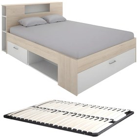 Łóżko ze skrzynią i szufladami - 140 x 190 cm - Kolor: Naturalny i biały + Stelaż - LEANDRE