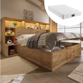 Łóżko hydrauliczne ze schowkiem - 160 x 200 cm - ze stolikami nocnymi + oświetlenie LED + zagłówek ze schowkiem - drewno - naturalne (materac w zestawie)