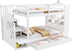 Łóżko piętrowe dla dzieci - 2 x 90 x 200 cm - z drabinką + 2 szuflady + duże schowki - drewno - białe