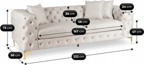 Sofa SORRENTO 3S Trzyosobowa Kremowa Welurowa Nowoczesna Glamour