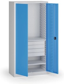 Szafa warsztatowa, 2 półki + 4 szuflady, 1950 × 950 × 500 mm, niebieskie drzwi