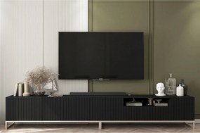 Szafka RTV z 7 drzwiami i wnęką – korpus czarny mat, fronty ryflowane czarne matowe – 300 cm, rama metalowa