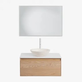 Zestaw Wiszących Mebli Łazienkowych Z Drewna Jesionowego Tedrik Popielaty Brąz & Cement Okrągły Biały - Sklum