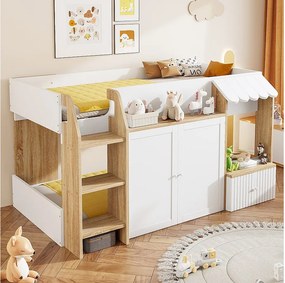 Łóżko dziecięce antresola średniej wysokości - 90 x 200 cm - z otwartą przestrzenią na pościel + drabinka - drewno - białe + naturalne