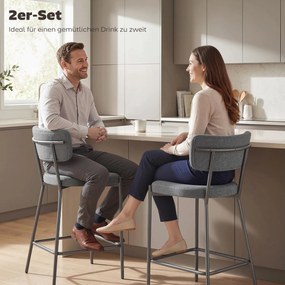 HOMCOM Hokery w zestawie 2, tapicerowane stołki barowe z wyprofilowanym oparciem, do wyspy kuchennej, strefy śniadaniowej, Szary | Aosom PL