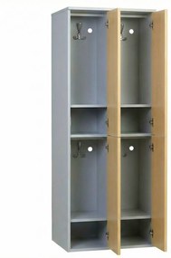 Drewniana szafka skrytkowa S4, 4 schowki, demontaż, zamek mechaniczny z kodem, szary/dąb naturalny