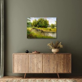 Obraz na szkle - Rzeka przy lesie, obraz olejny (70x50 cm)