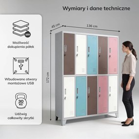 Szafa BHP ubraniowa 10-drzwiowa szaro-pastelowa: BARTEK 1360 x 1720 x 450 mm