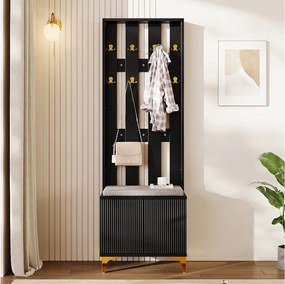 Czarny wieszak na ubrania z ławką na buty – faliste drzwi, złote haczyki i regulowane półki – nowoczesne meble do przedpokoju