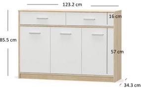 Komoda Trzydrzwiowa z Szufladami do Salonu DEW 123 cm Dąb sonoma/biała Nowoczesna