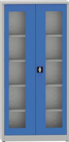 Spawana szafa półkowa z drzwiami z oknami z pleksi, 1950 x 950 x 400 mm, szara/niebieska