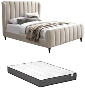 Łóżko 140 × 190 cm – Tapicerowane z pionowymi przeszyciami – Beżowe + Materac – CASAGOTI