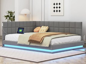 Sofa łóżko tapicerowane welurem 140x200cm - z LED i gniazdem USB - Szary