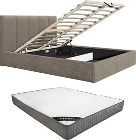 Łóżko ze skrzynią 160 x 200 cm zagłówkiem z pionowymi szwami - Tkanina - Taupe - Z materacem - KILACLO