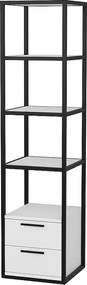 Nowoczesny czarno-biały regał, 39 x 39 x 160 cm | Płyta wiórowa pokryta melaminą, grubość 18 mm, metalowa rama | Stylowe i funkcjonalne rozw