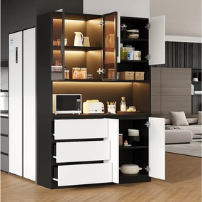 Wysoka komoda kuchenna - 120,5 x 40 x 180 cm - z diodami LED + 3 szuflady + 6 drzwi + półki - płyta wiórowa - czarny + biały