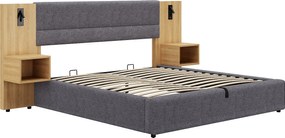 Łóżko kontynentalne szerokie 180x200 cm tapicerowane welurem - z portem USB i LED - 2 stoliki nocne - Szary i Naturalny