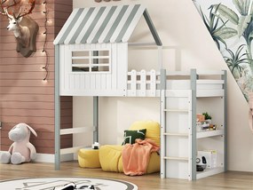 Łóżko piętrowe z litego drewna 90x200 cm - z drabinką i barierką zabezpieczającą - z 2 półkami - Białe