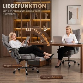HOMCOM Fotel biurowy z funkcją masażu i ogrzewania, do 180 kg, regulowany, w wyglądzie lnu, podparcie lędźwiowe, szerokie siedzisko, szary | Aosom PL