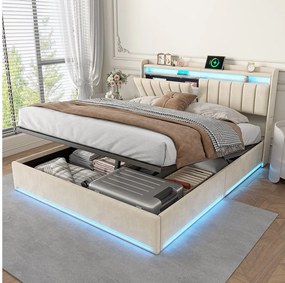 Nowoczesne łóżko z pojemnikiem z aksamitu 140×200cm z oświetleniem RGB, portami USB/Type-C, skrzynią hydrauliczną - Beżowy
