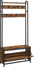 Wieszak na ubrania Valora z siedziskiem i półkami na buty – rustykalny brąz i czerń