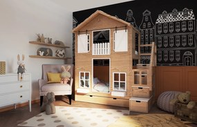 Łóżko piętrowe domek Marulla 109P ze schodami, dachówkami i oknami